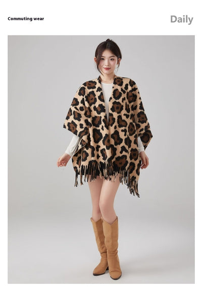 Chal Vintage Estampado Leopardo con Borlas, Cálido y Grueso - Image 15