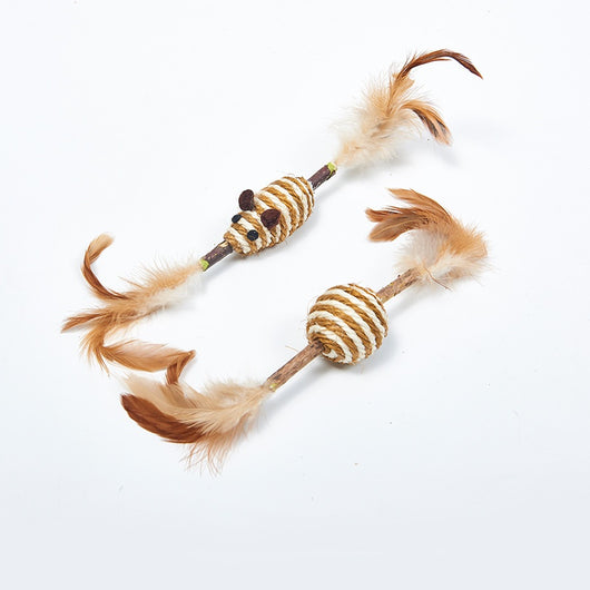 Feather and sisal cat toy with a wooden stick, green sisal ball, and brown feathers for molar cleaning. - Image 4