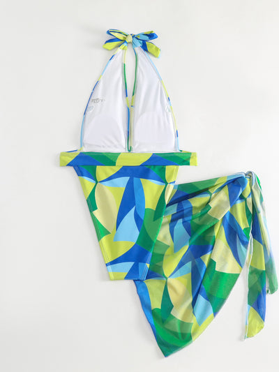 Sexy lace-up backless beach swimwear skirt set with a vibrant blue, green, and yellow geometric print. - Image 11