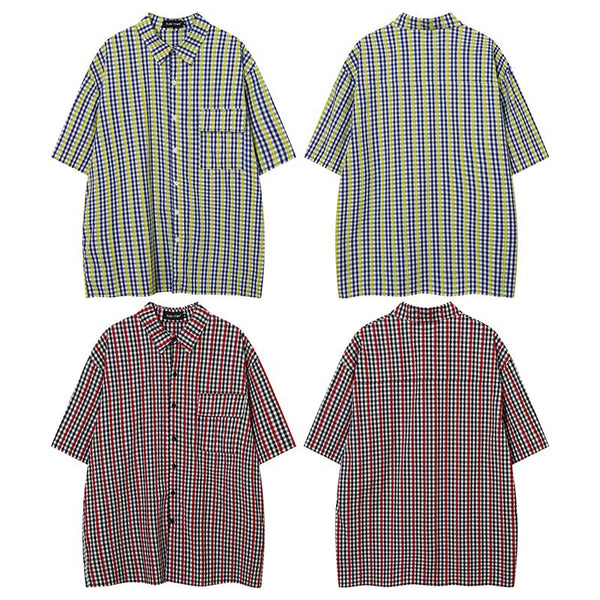 Camisa de Manga Corta con Estampado Cuadros y Bloques de Color - Estilo Vintage Americano para Hombre