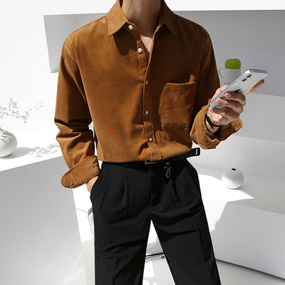 Camisa de Pana Suelta Retro Coreana de Color Sólido - Image 9