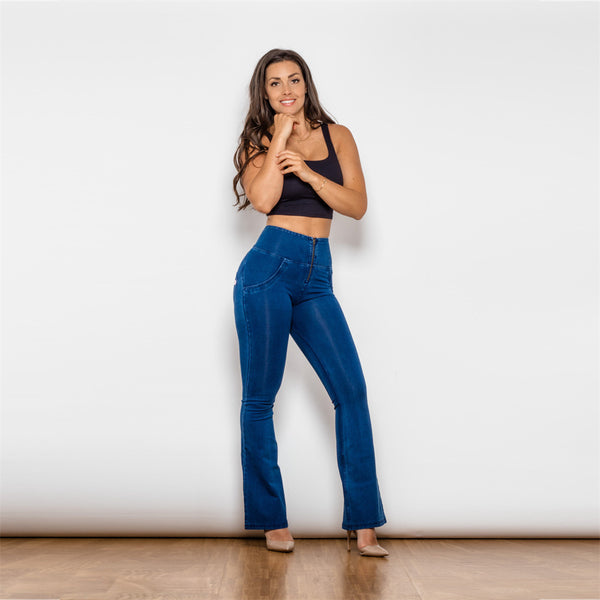 Pantalón Vaquero Talle Alto Azul Oscuro Recto con Efecto Melocotón
