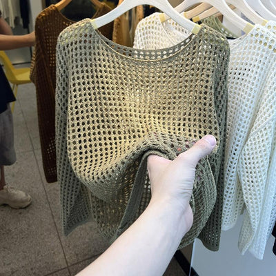 Blusa de Malla Calada Cuello Redondo Manga Larga - Image 8