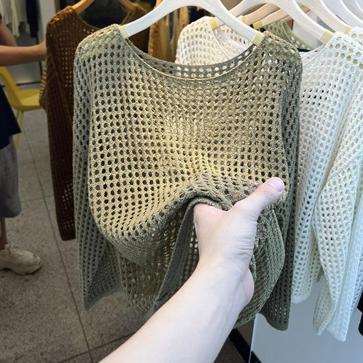 Blusa de Malla Calada Cuello Redondo Manga Larga - Image 8