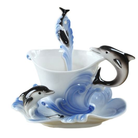 Taza de Café Delfín de Porcelana Lang Pintada a Mano con Platillo - Image 3