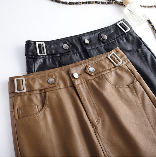 Falda de Cuero Cintura Alta Ajustada Midi Casual - Image 12