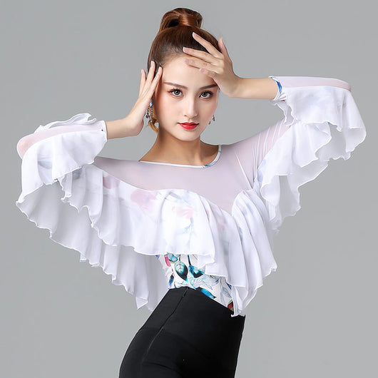 Vestido de Danza Manga Larga Hoja de Loto Blanco - Top de Vals Latino - Image 7