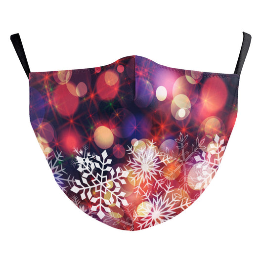 Christmas dust mask with a digital print of red, purple, and gold bokeh lights and white snowflakes, featuring ear hooks. - Image 10