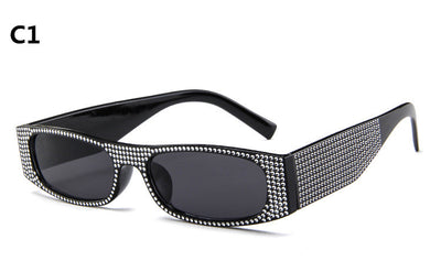 Yellow rectangular sunglasses with clear rhinestone-studded frames and matching yellow lenses. - Image 8