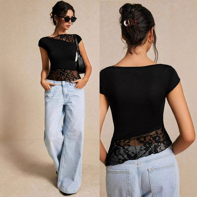 Blusa Entallada con Paneles de Encaje y Manga Corta - Image 2
