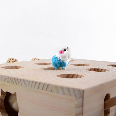 Solid wood whac-a-mole cat toy with 8 holes, featuring small white mouse figures and paw-shaped levers. - Image 5