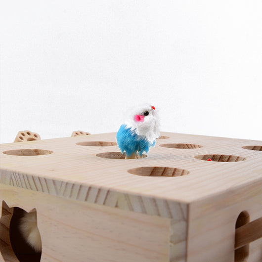 Solid wood whac-a-mole cat toy with 8 holes, featuring small white mouse figures and paw-shaped levers. - Image 5