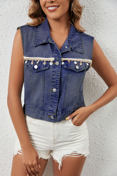 Chaleco Denim Casual con Borlas y Botón Simple - Image 19