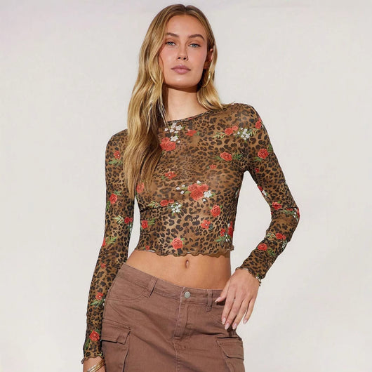 Blusa Estampado Leopardo y Flores Malla Cuello Redondo Manga Larga