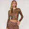 Blusa Estampado Leopardo y Flores Malla Cuello Redondo Manga Larga