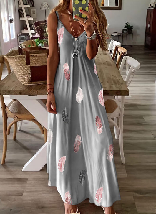 Vestido Suelto Escotado sin Mangas con Estampado de Plumas