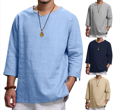 Camisa Holgada de Algodón y Lino con Cuello V - Manga Larga para Hombre