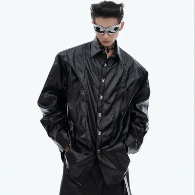 Camisa de Cuero Avanzado con Hombros Acolchados y Manga Larga - Image 3