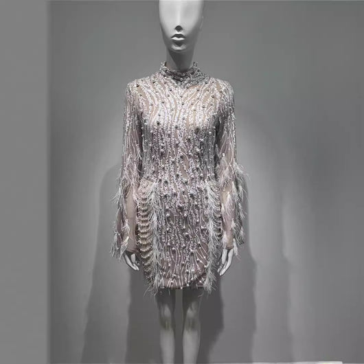 Vestido de Lentejuelas y Plumas con Perlas Expandidas - Image 5