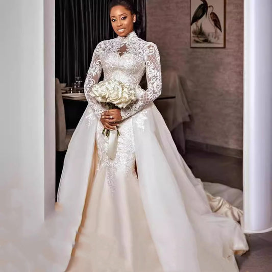 Vestido de Novia con Encaje y Cuello Mao Manga Larga
