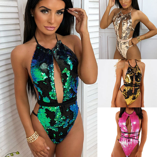 Traje de Baño Enterizo con Lentejuelas y Cuello Halter Ajustable