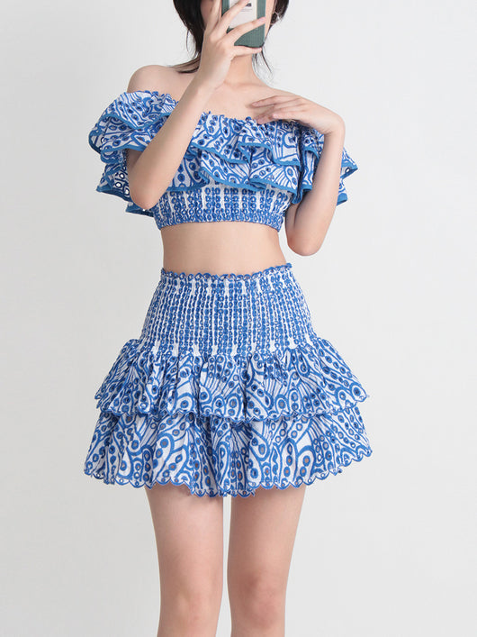 Conjunto de Playa Elegante: Blusa Corta con Cuello y Volantes + Falda Cintura Alta - Image 14
