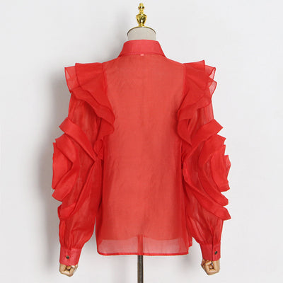Blusa Organza Color Sólido con Cuello Solapa y Volantes - Image 17