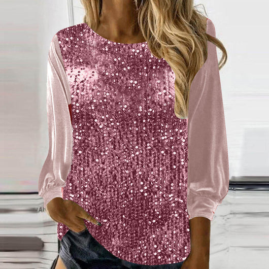 Blusa Suéter Holgada con Lentejuelas y Cuello Redondo - Manga Larga Casual - Image 3