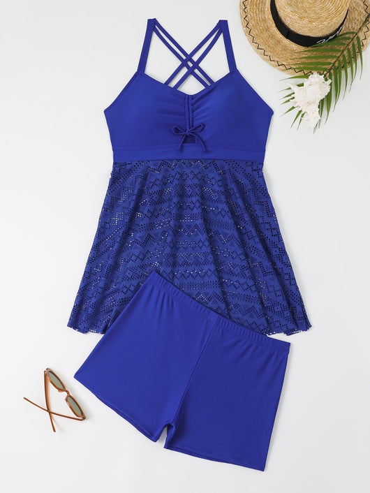 Plus size red two-piece swimsuit with a sling top and a laser-cut swim skirt, worn with a straw hat. - Image 14