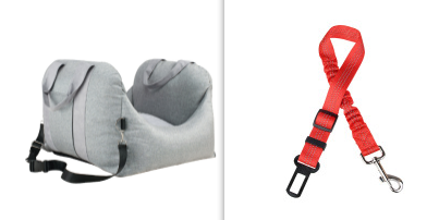 Beige pet car carrier seat with tan straps and a separate red pet seatbelt leash for safe car travel. - Image 13