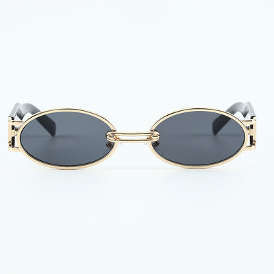 Retro small frame sunglasses with gold round frames and leopard print temples, held by a hand. - Image 14