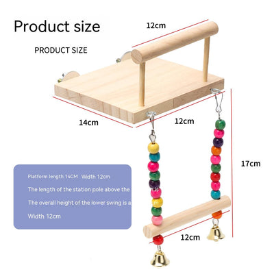 Wooden bird perch and swing set with colorful beads and bells, showing dimensions of 14cm x 12cm platform and 17cm swing height. - Image 4