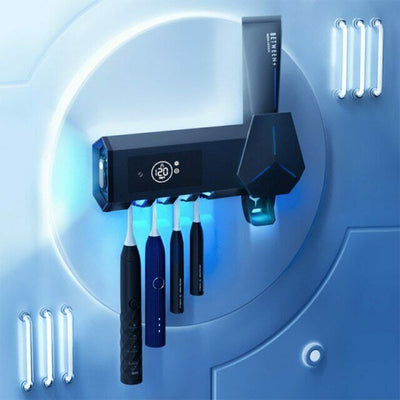 White wall-mounted toothbrush sterilizer with UVC ultraviolet light, holding four electric toothbrushes. Features a digital display and blue sterilization light - Image 2