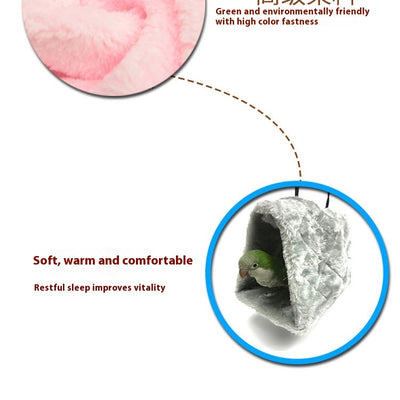 Small pink quilted plush bird's nest hammock with two metal hooks, ideal for parrots and small birds. - Image 22