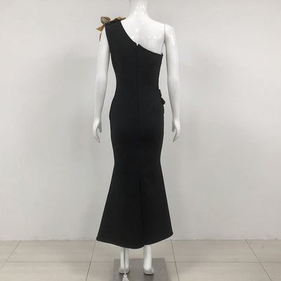 Vestido Largo Ajustado Flor Dorada con Efecto Bandage - Image 12