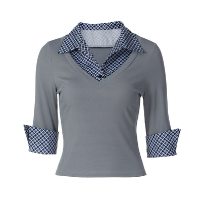 Blusa Cuello Alto Manga Larga con Estampado Patchwork Cuadros - Image 5