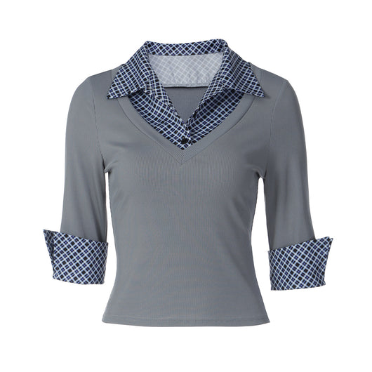 Blusa Cuello Alto Manga Larga con Estampado Patchwork Cuadros - Image 5