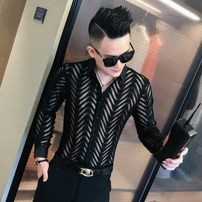 Camisa de Encaje Transparente para Hombre - Estilo Clubwear Moderno - Image 13