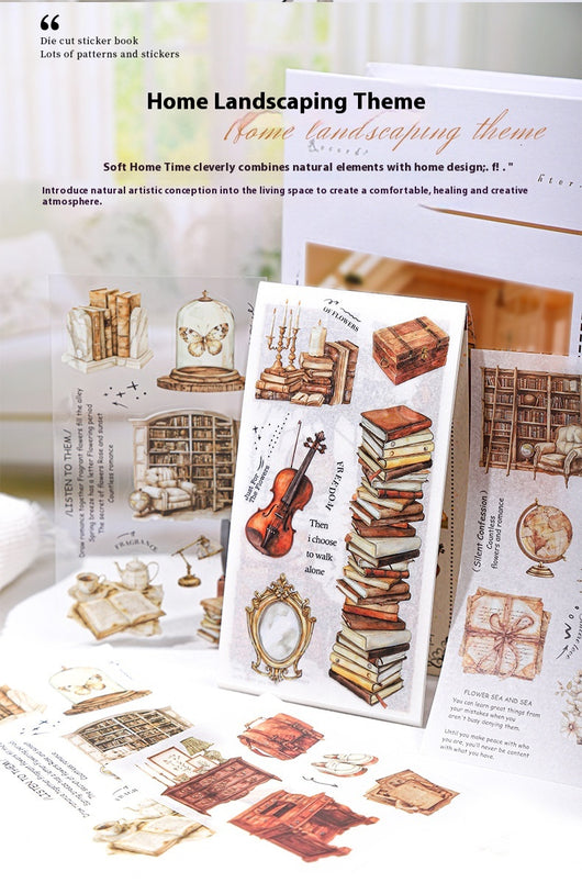 Soft Home Time Series decorative stickers featuring retro-style illustrations of furniture, books, and flowers. - Image 26