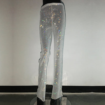 Pantalones Anchos de Tiro Alto con Detalles de Strass y Malla - Image 7