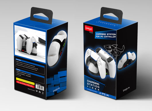 White and black dual charging dock for PS5 gamepads with contact-type charging and illuminated controller icons. - Image 5