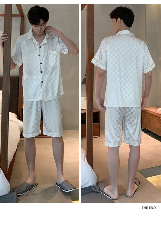 Pijama Hombre Verano Seda Hielo Talla Grande Manga Corta Jacquard Suave - Image 31