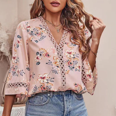 Blusa Elegante Suelta con Escote en V y Mangas Acampanadas de Encaje - Image 5