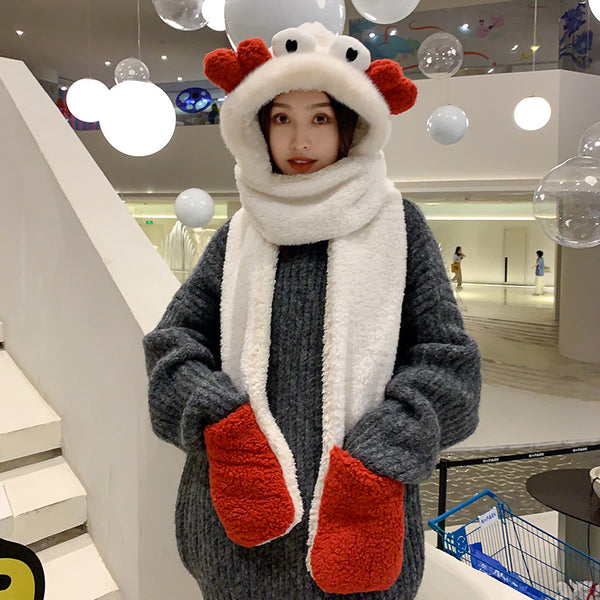 Gorro Bufanda Guantes 3 en 1 Cangrejo Adorable - Terciopelo Grueso para Invierno