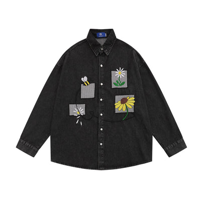 Camisa Denim con Bordado Floral - Abrigo Casual Manga Larga Cuello Polo - Image 7