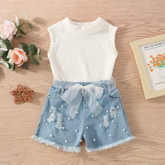 Conjunto de Dos Piezas Infantil: Short Denim sin Mangas