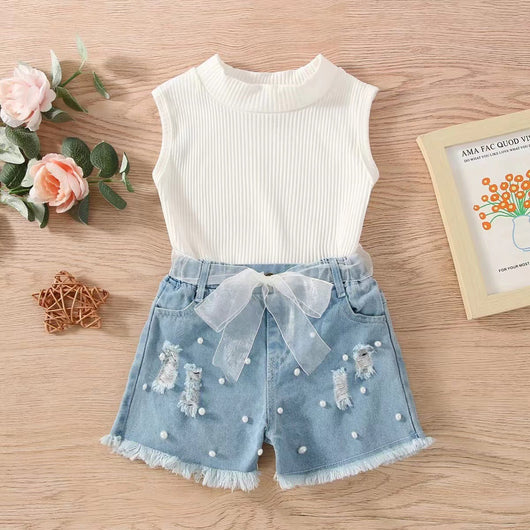 Conjunto de Dos Piezas Infantil: Short Denim sin Mangas
