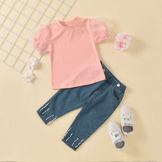 Conjunto de Blusa de Encaje y Jeans con Bolsillos Decorados - Image 4