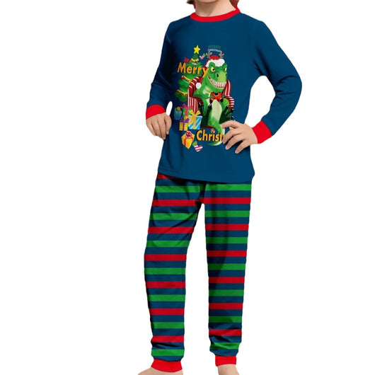 Child's blue long-sleeve Christmas pajamas with a dinosaur graphic and red and green striped pants. - Image 5