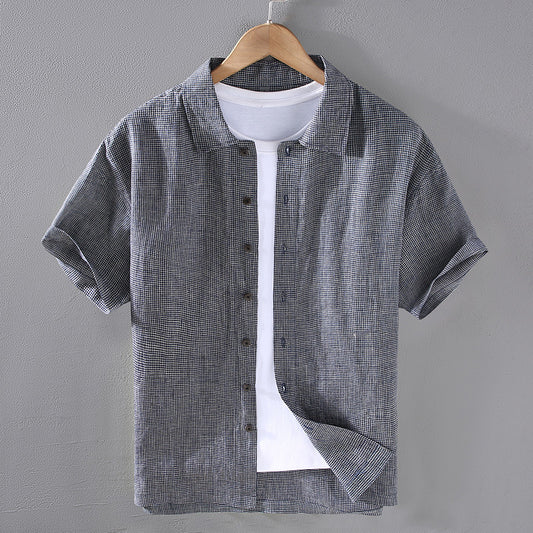 Camisa de Lino Cuadriculada Tejida para Hombre - Manga Corta